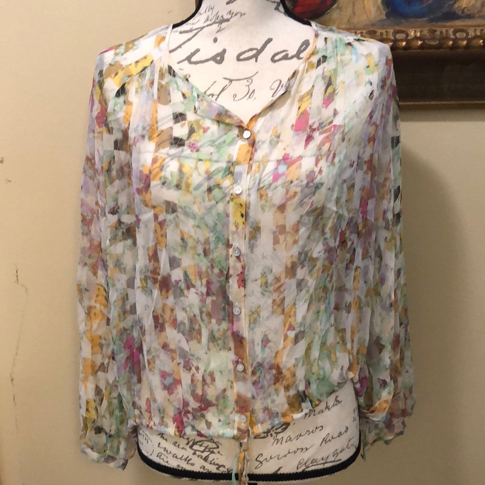 Elizabeth and James Benji silk button down tassel pull tie hem long sleeve top